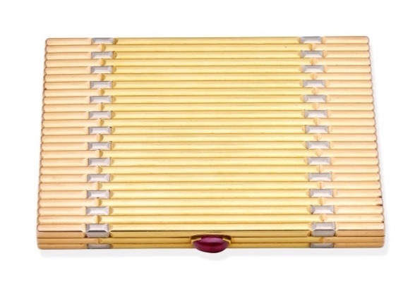 Cartier three colour gold fluted cigarette case with cabochon ruby thumbpiece