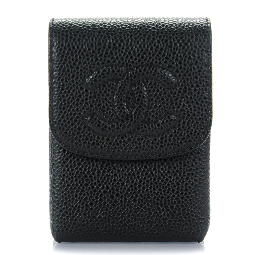 Chanel black caviar leather cigarette case with stitched CC