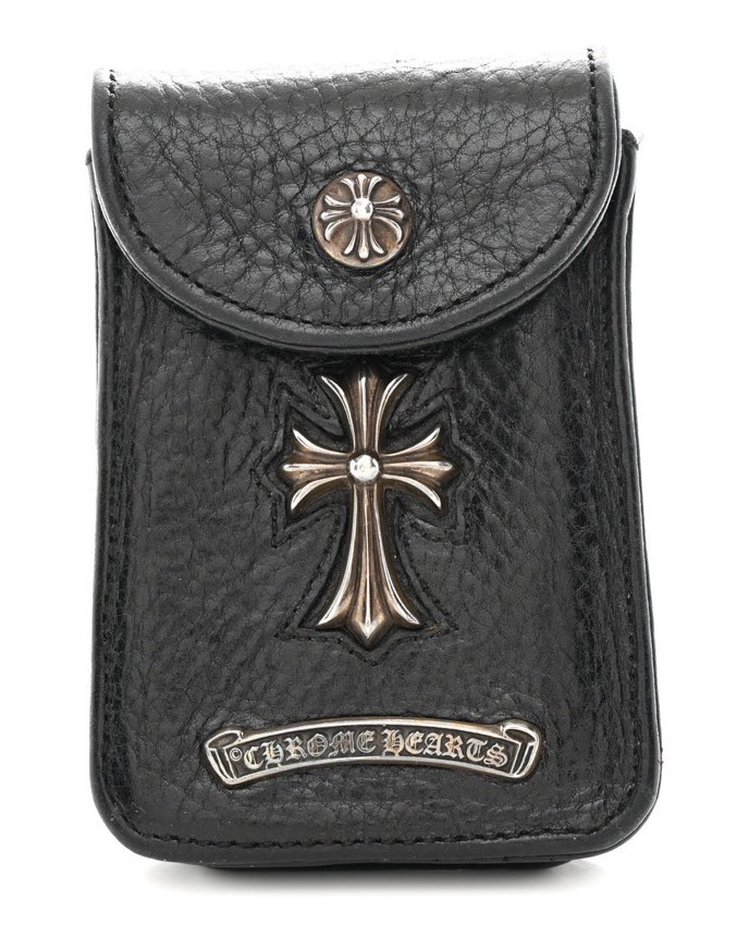 Chrome Hearts black grained calfskin belt pouch cigarette case with sterling cross