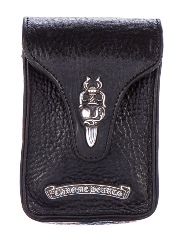 Chrome Hearts black leather cigarette case with sterling heart and dagger snap