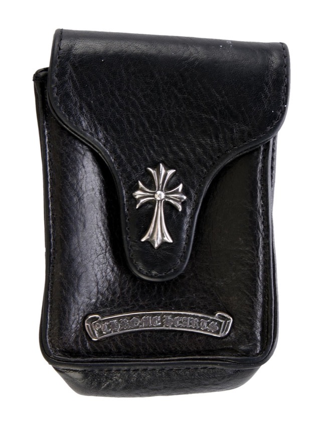 Chrome Hearts vintage black leather cigarette case with sterling cemetery cross snap