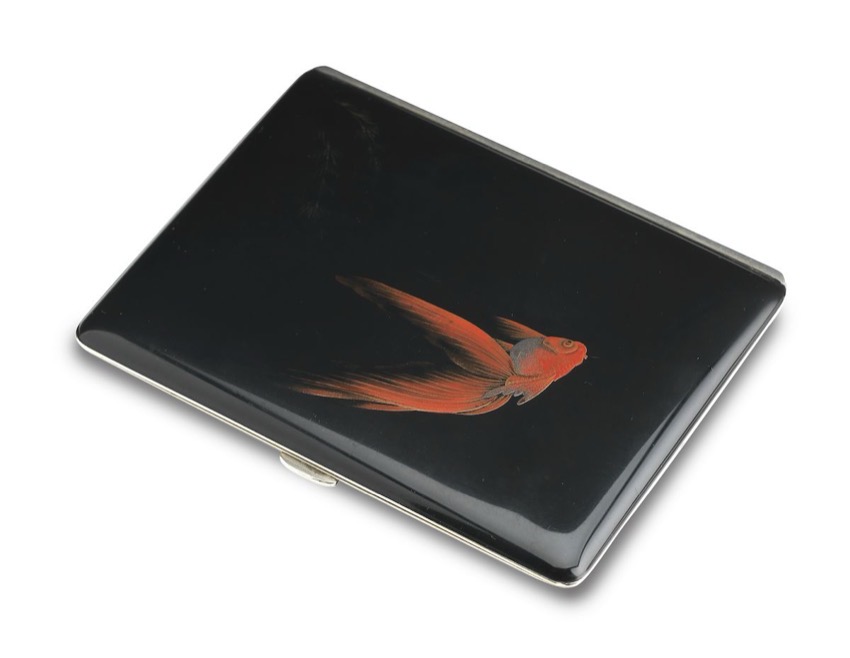 Dunhill Namiki black maki-e lacquer cigarette case with goldfish and reeds