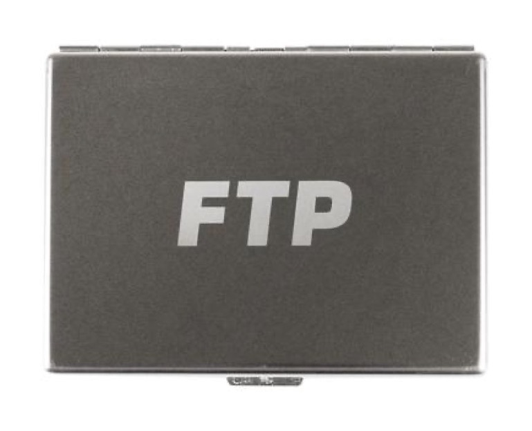 FTP gunmetal steel cigarette case with laser-etched FTP logo