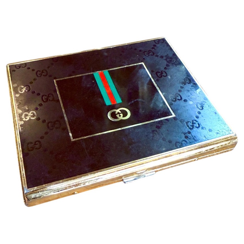 Gucci 1970s black enamel GG monogram cigarette case with web stripe