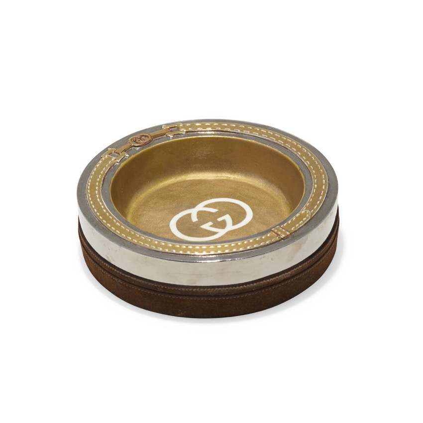 Gucci silver and gold luster ceramic tray with suede base, circa 1975