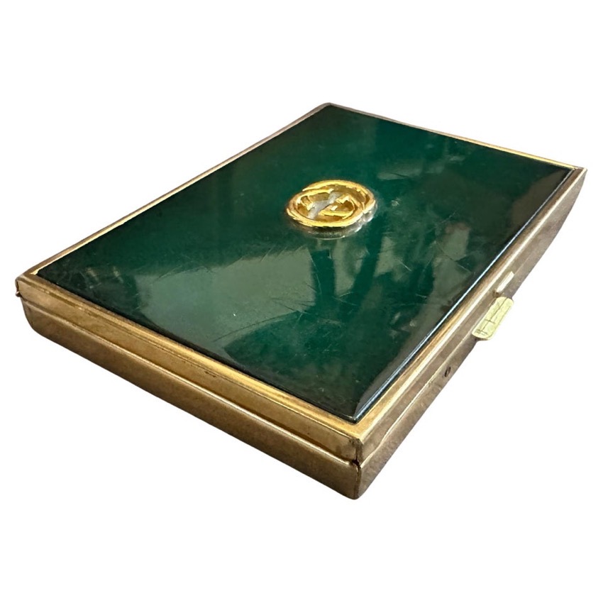 Gucci 1980s green enamel and brass cigarette case with GG medallion