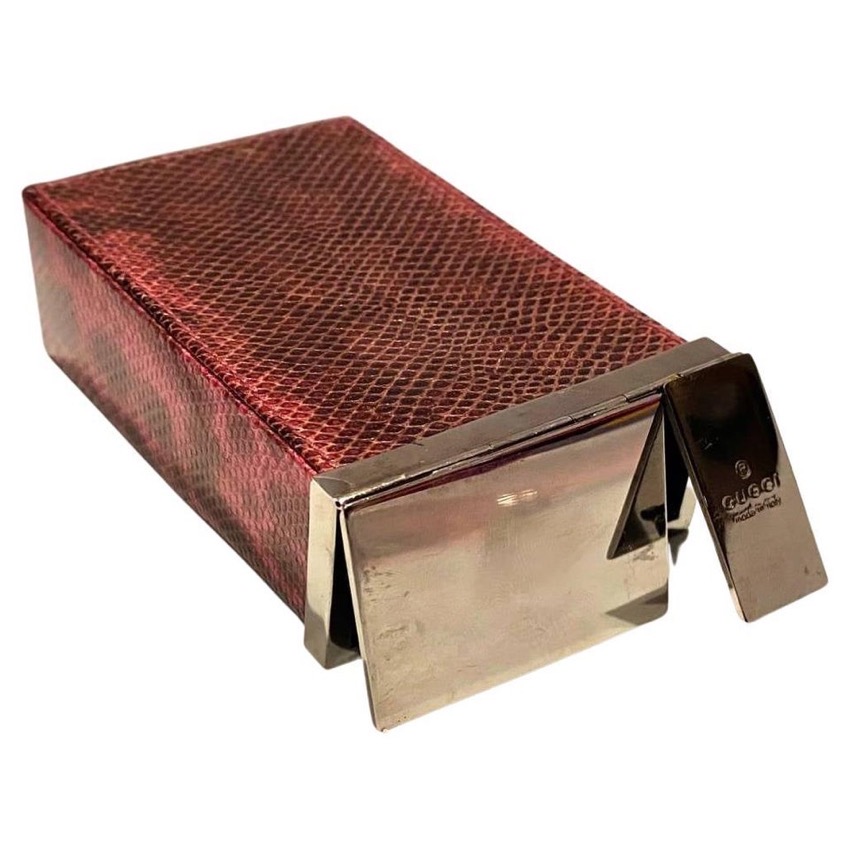 Tom Ford era Gucci burgundy snake print leather cigarette box with silver lid