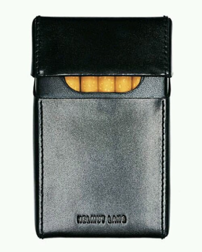 Helmut Lang 2002 black leather flip top cigarette case with debossed logo