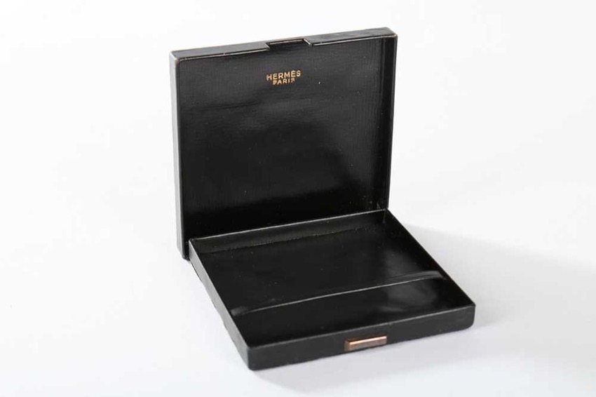 Hermes 1950s black leather hinged cigarette case