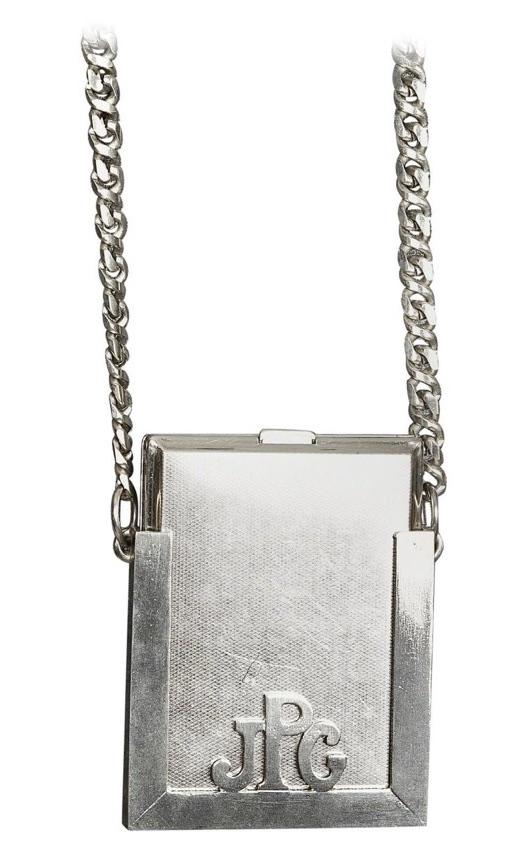 Jean Paul Gaultier silver tone cigarette case necklace with JPG monogram on curb chain