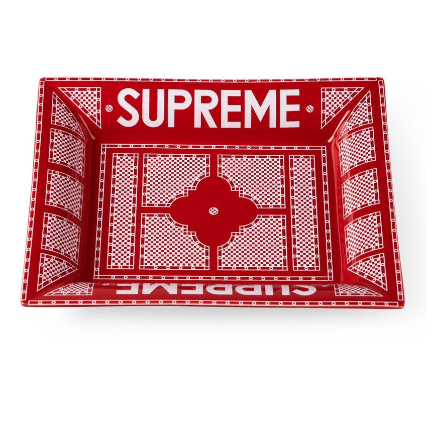 Supreme SS12 Hermes-style red and white ceramic ashtray with suede base