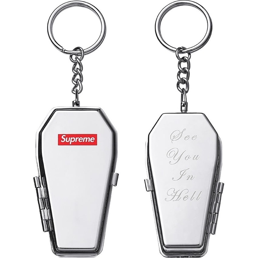Supreme FW17 silver coffin keychain open to show cigarette holder and ashtray