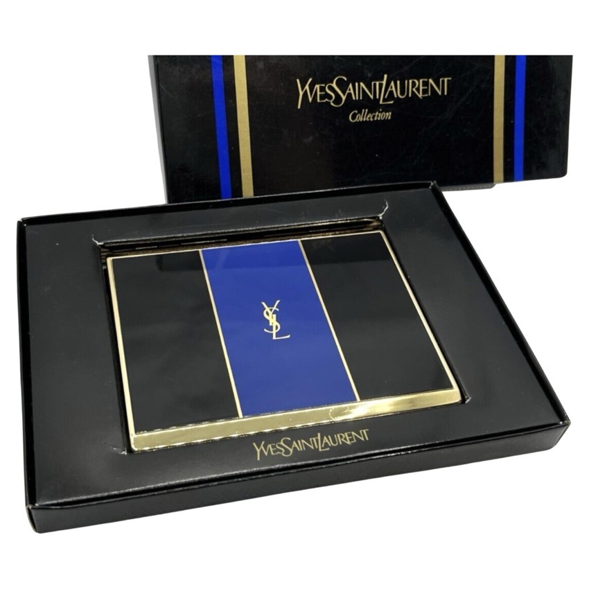 Yves Saint Laurent 1980s gold plated black and blue enamel cigarette case in presentation box